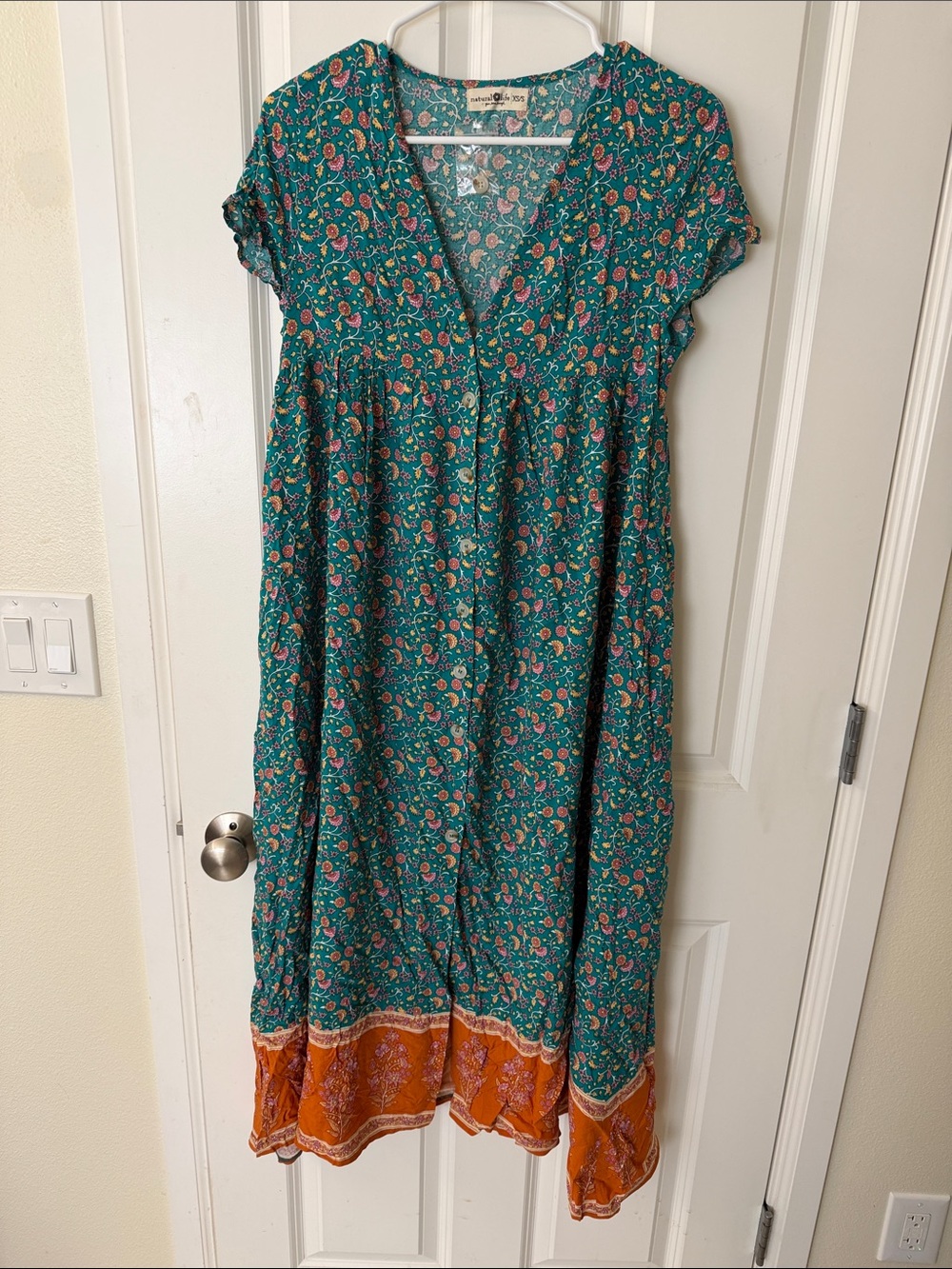 NATURAL LIFE Teal Floral Maxi Dress with Orange Hem